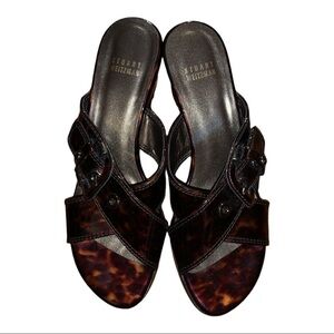 STUART Weitzman size 7.5 m tortoise patent leather wedge slip on shoes b…